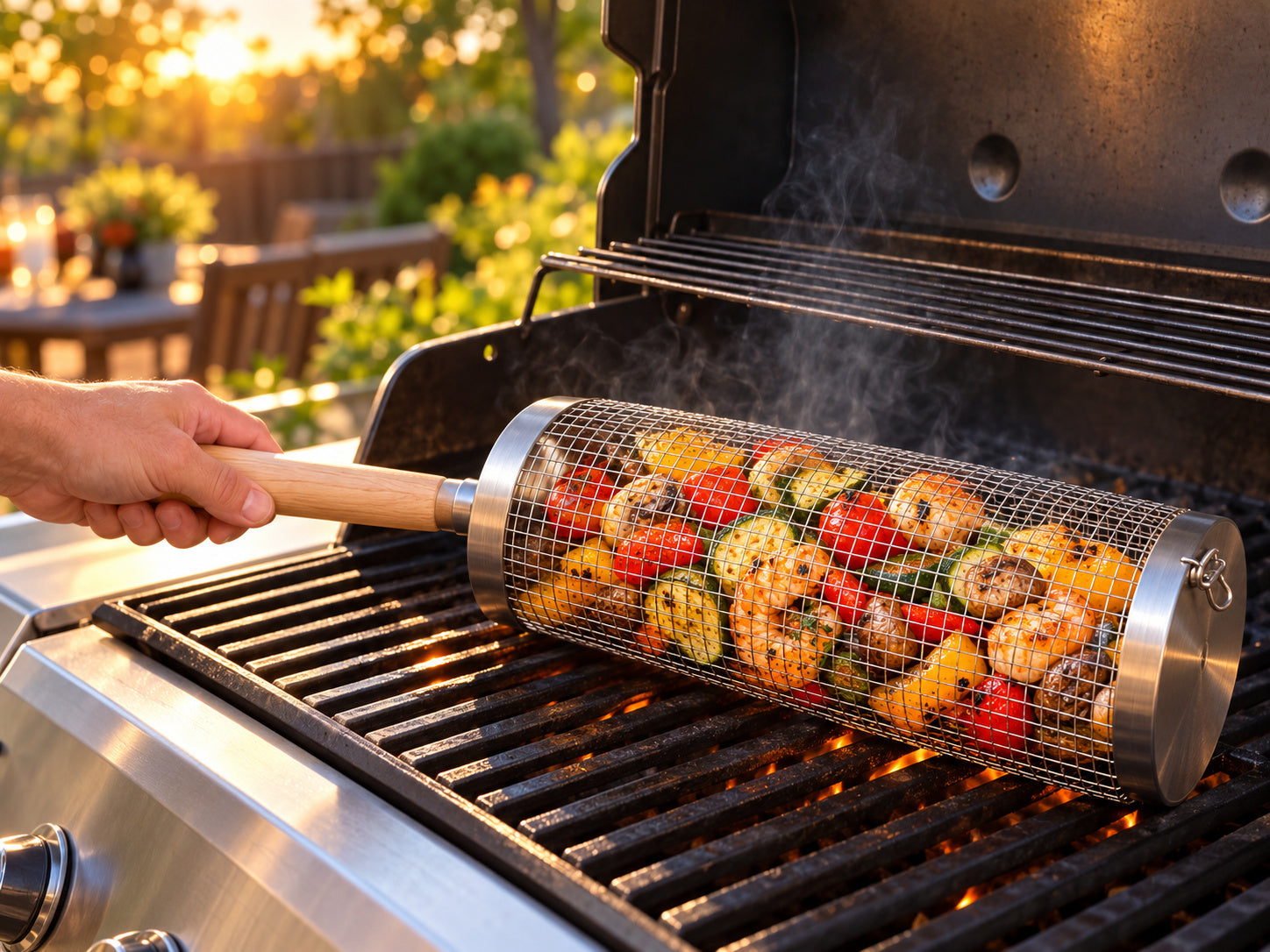 Rolling grill basket filled with vegetables and shrimp over a gas grill
