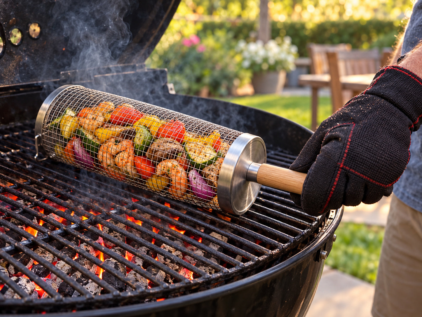 Gloved griller rolling the filled basket across a charcoal grill