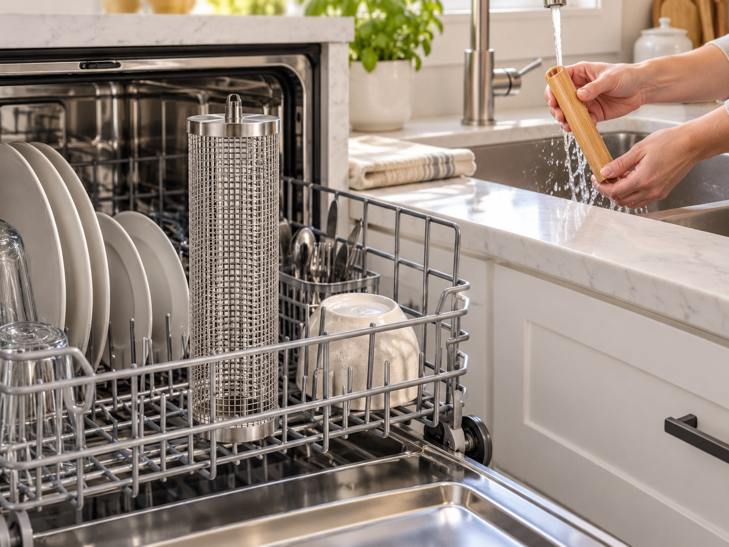 Rolling grill basket in a dishwasher with its wooden handle rinsed separately