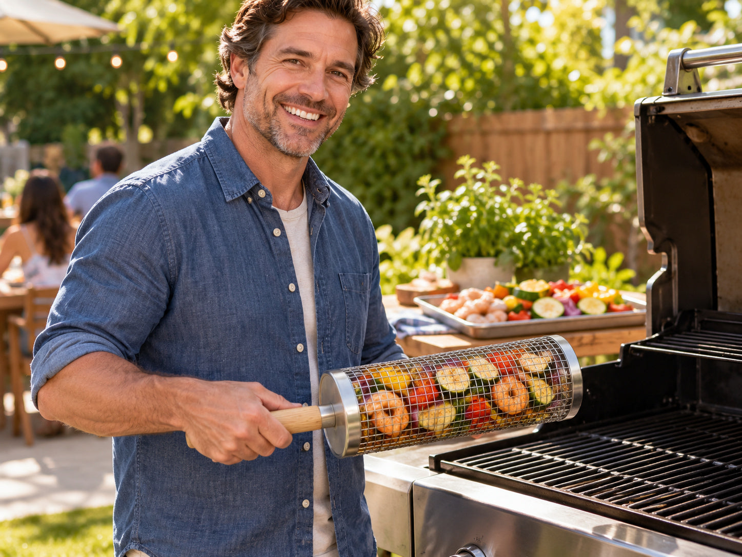 Home griller holding the filled rolling basket beside a backyard grill