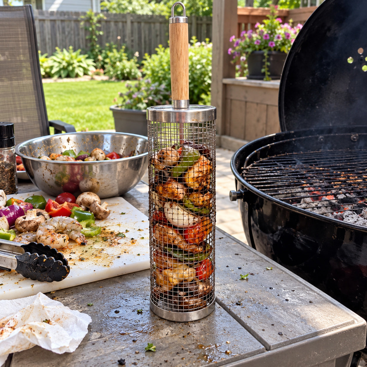 Illustrative everyday backyard view of the rolling grill basket beside prepared vegetables