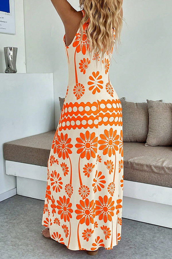 Fashion Floral Print V Neck Maxi Dress