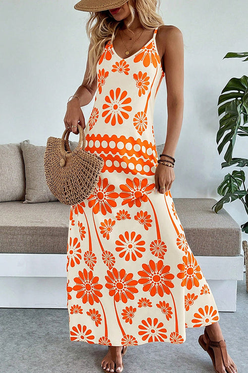 Fashion Floral Print V Neck Maxi Dress