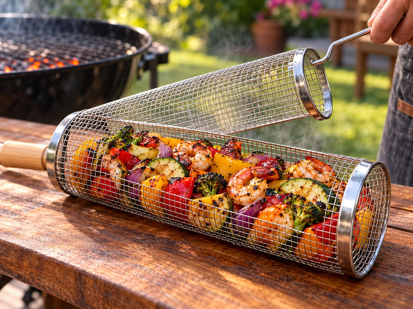 Grilled vegetables and shrimp being lifted from the rolling basket