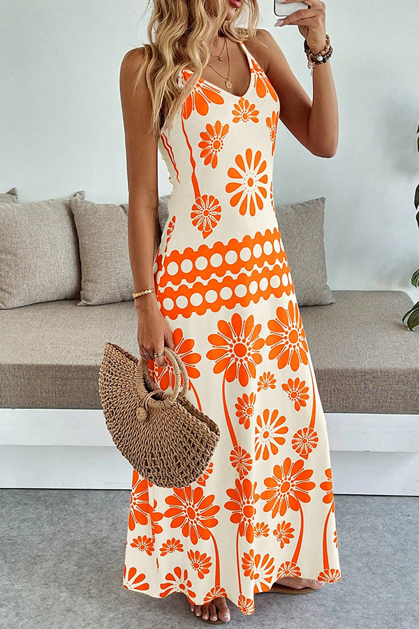 Fashion Floral Print V Neck Maxi Dress