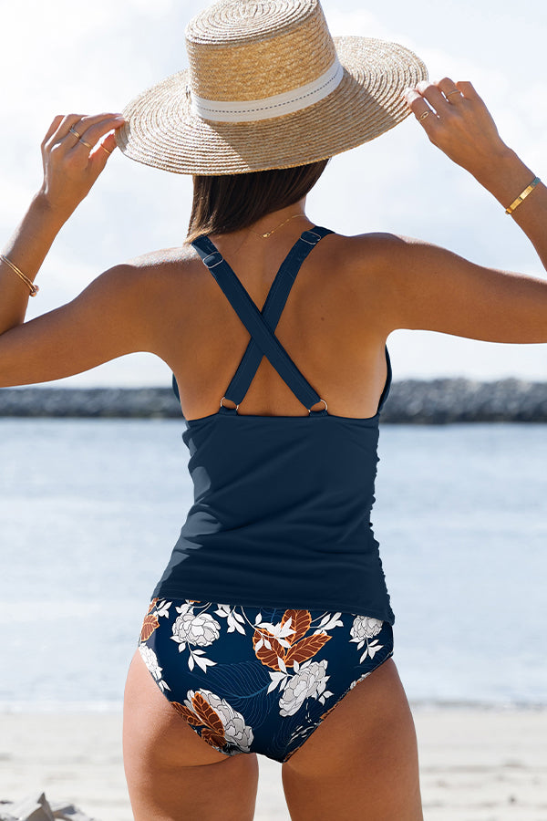 Fashion V Neck Tummy Control Ruched Tankini Set