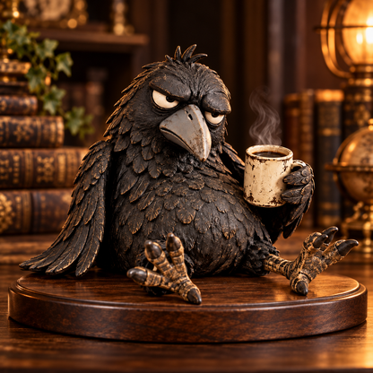 🔥Rustic Vintage Raven Figurine with Coffee Mug – Grumpy Crow Farmhouse Tabletop Decor