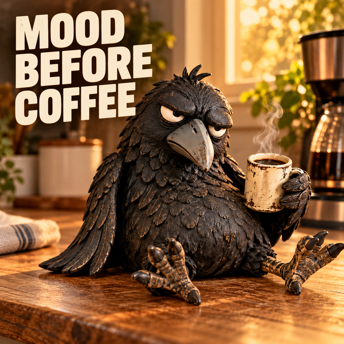 🔥Rustic Vintage Raven Figurine with Coffee Mug – Grumpy Crow Farmhouse Tabletop Decor
