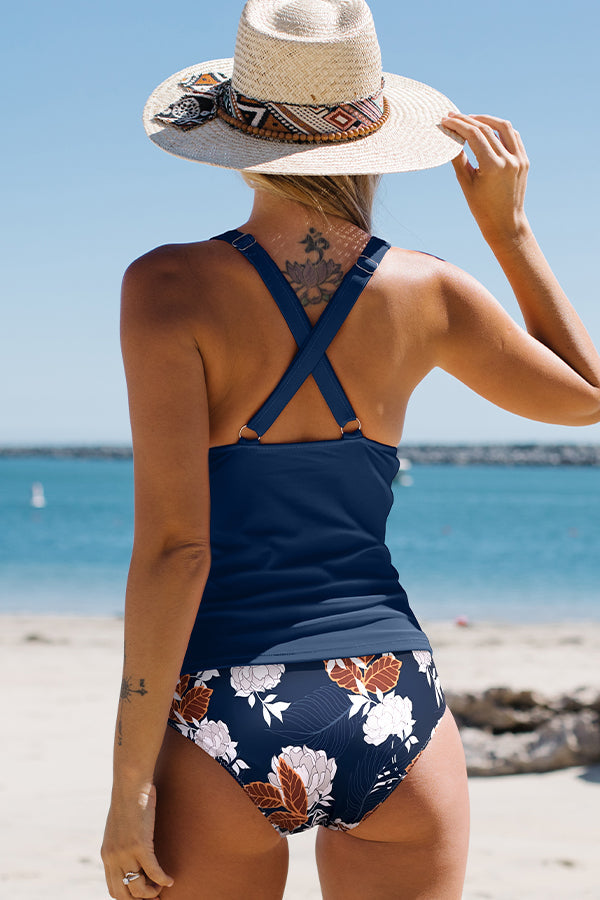Fashion V Neck Tummy Control Ruched Tankini Set