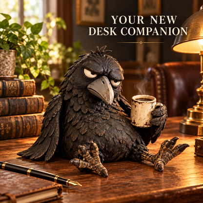 🔥Rustic Vintage Raven Figurine with Coffee Mug – Grumpy Crow Farmhouse Tabletop Decor
