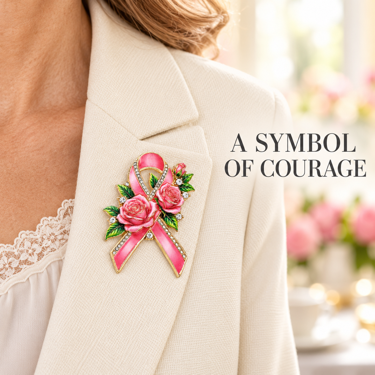 Hope Blooms™ Rose Ribbon Brooch – A Symbol of Strength, Love & Breast Cancer Awareness