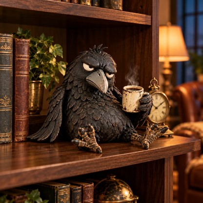 🔥Rustic Vintage Raven Figurine with Coffee Mug – Grumpy Crow Farmhouse Tabletop Decor