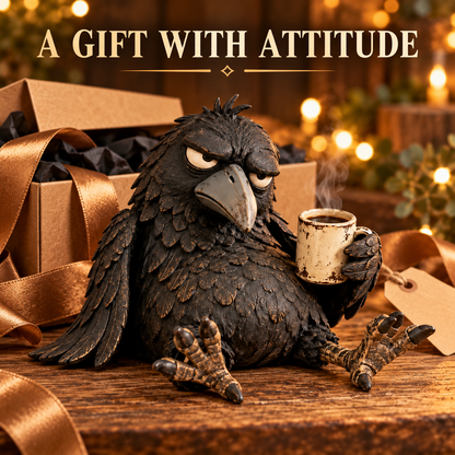 🔥Rustic Vintage Raven Figurine with Coffee Mug – Grumpy Crow Farmhouse Tabletop Decor