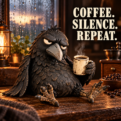🔥Rustic Vintage Raven Figurine with Coffee Mug – Grumpy Crow Farmhouse Tabletop Decor