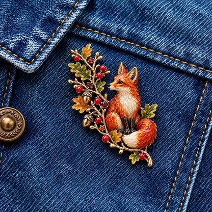 Autumn Woodland Fox 🦊 Oak & Berry Country Brooch
