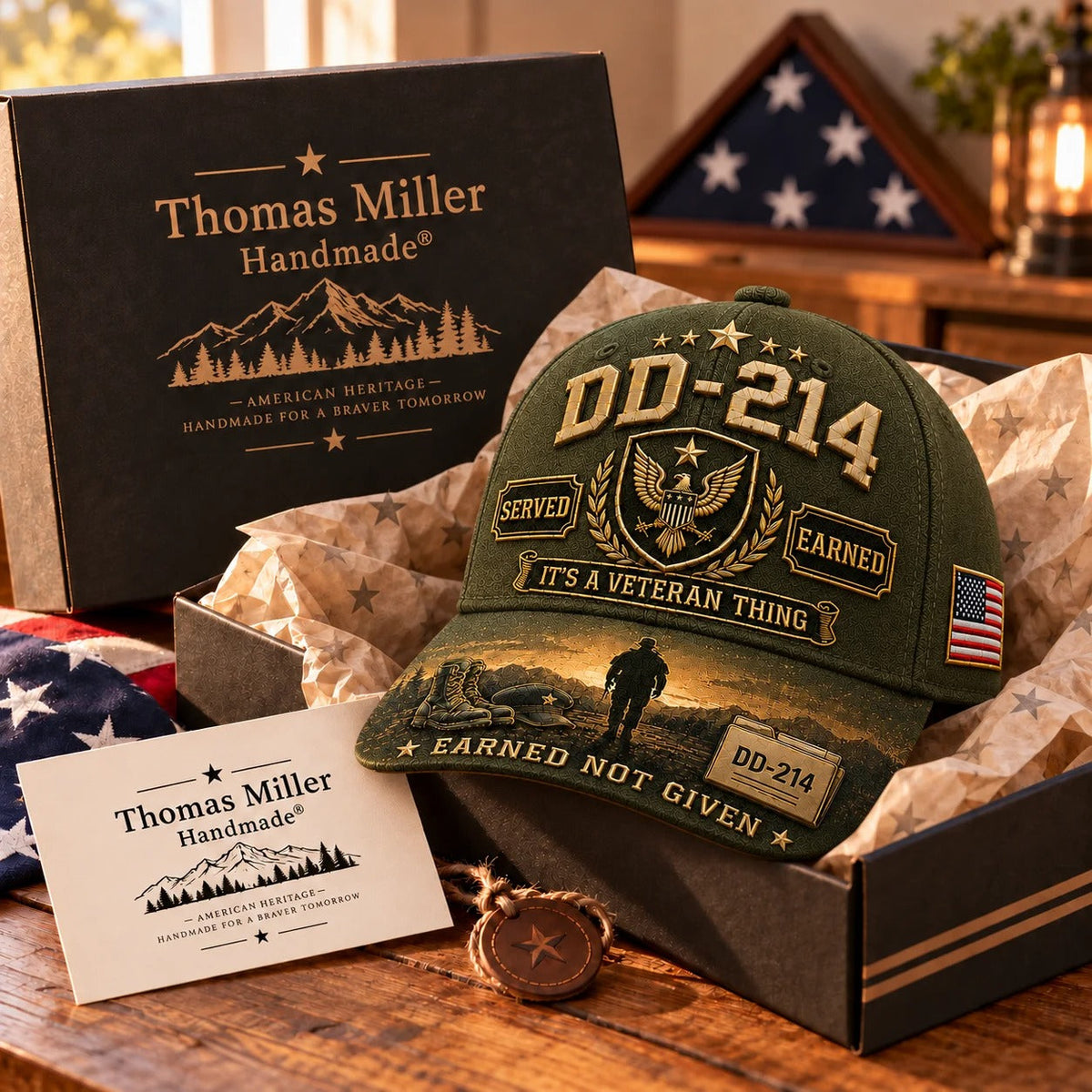 100% Handmade DD-214 Veteran Honor Embroidered Cap (𝗧𝗵𝗼𝗺𝗮𝘀 𝗠𝗶𝗹𝗹𝗲𝗿 𝐇𝐚𝐧𝐝𝐦𝐚𝐝𝐞®)